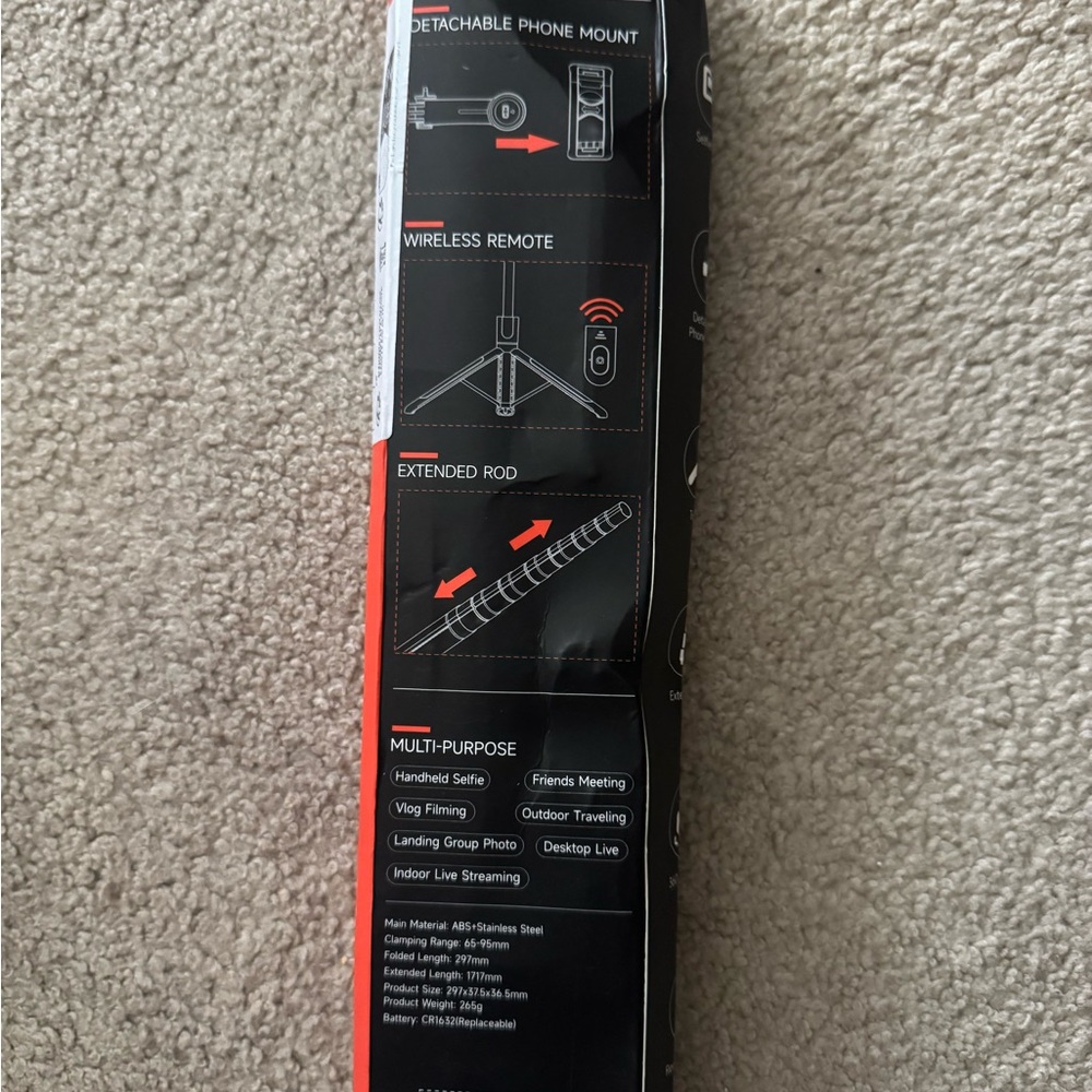 Wireless Remote Selfie Stick with Detachable Phone Mount - Black